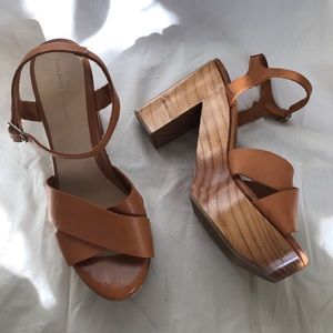 Zara Tan Leather Wood Platform Sandal